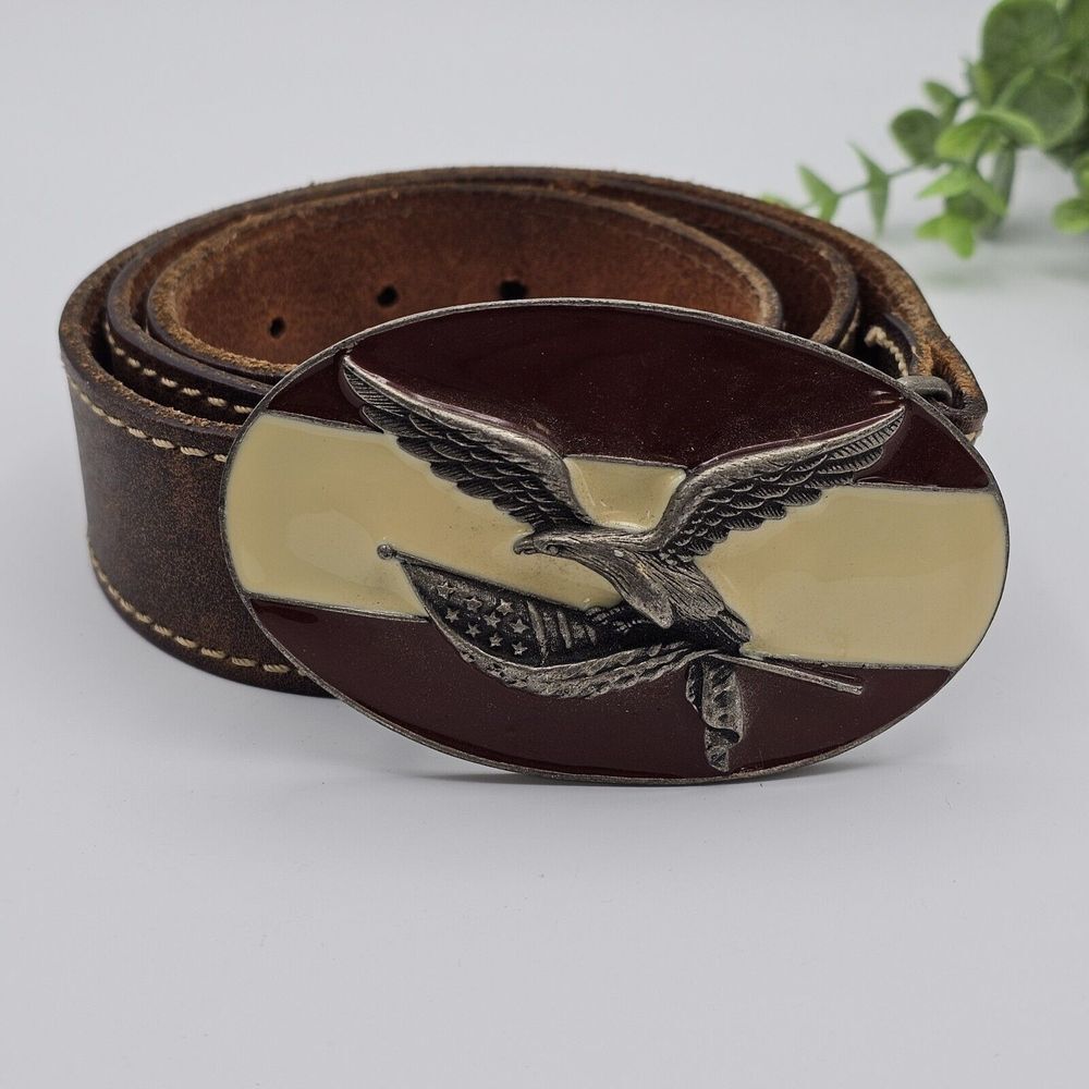 Vintage Brown‎ Leather Belt Men's Majestic Eagle with Flag Buckle Inlay Men's - Picture 2 of 7
